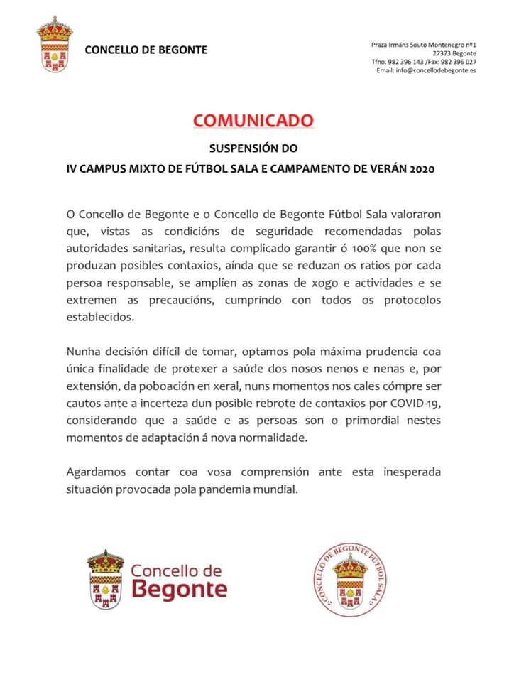 Suspensión do IV CAMPUS MIXTO DE FÚTBOL SALA E CAMPAMENTO DE VERÁN 2020.