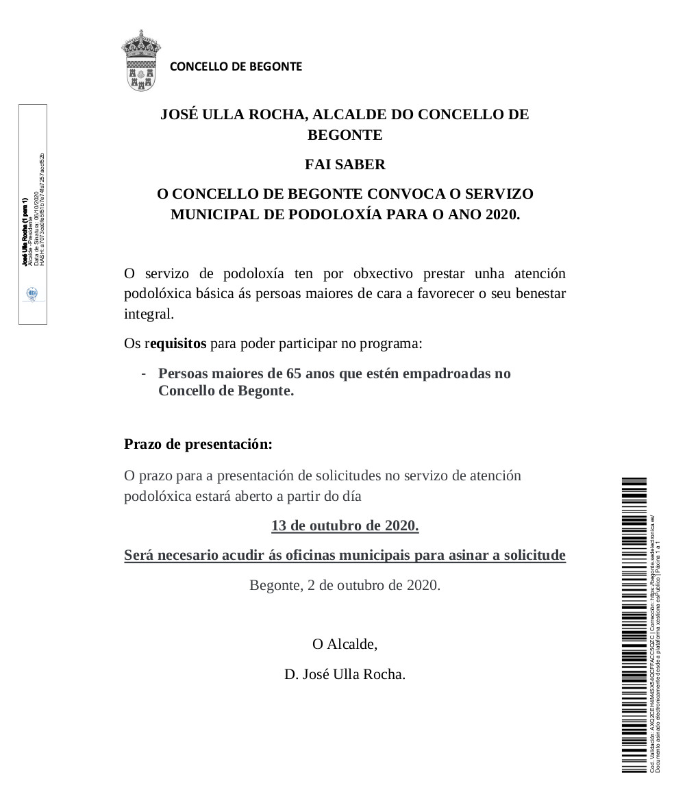 O Concello de Begonte convoca o servizo municipal de PODOLOXÍA para o ano 2020.