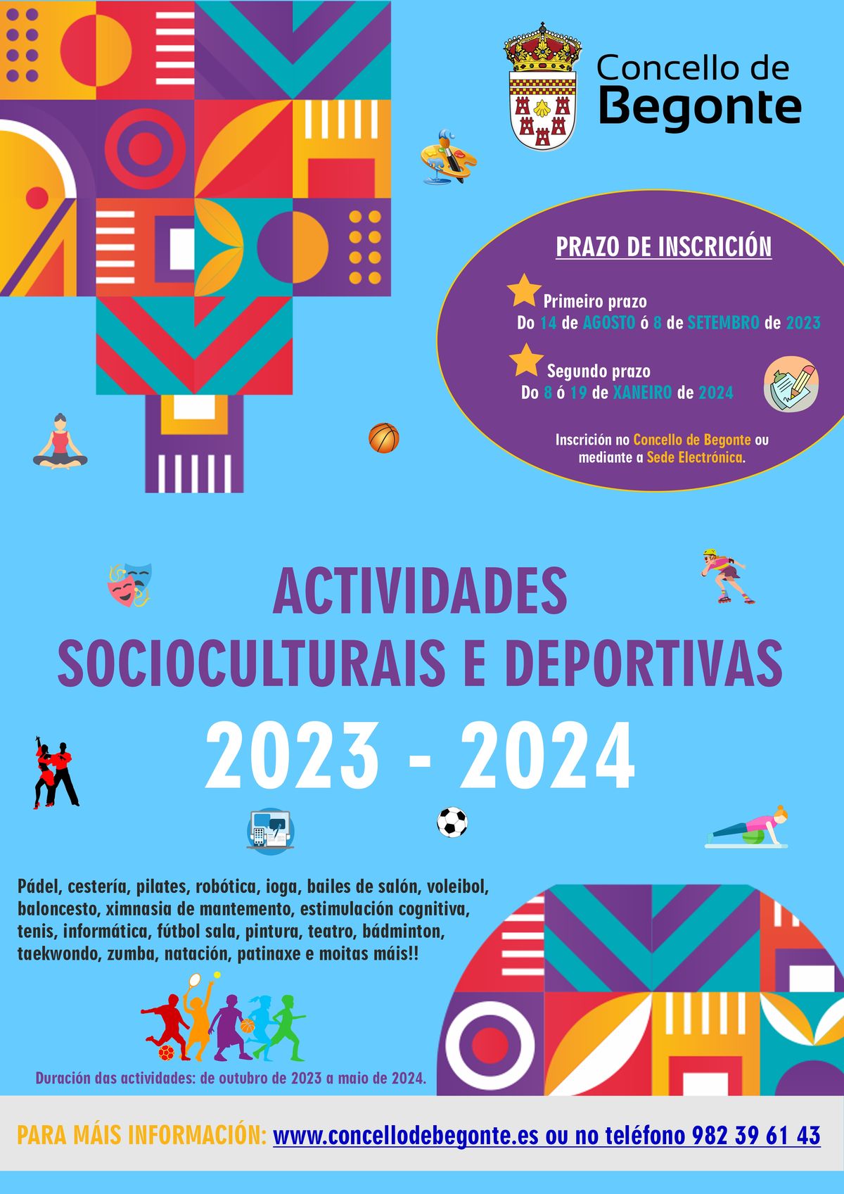 O PRÓXIMO LUNS PRESENTAREMOS A PROGRAMACIÓN DE ACTIVIDADES SOCIOCULTURAIS E DEPORTIVAS 2023/2024 🏀🏊♀️🧘♀️🎭🎨🎺🎲🤸