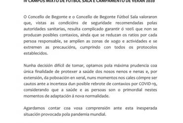 Suspensión do IV CAMPUS MIXTO DE FÚTBOL SALA E CAMPAMENTO DE VERÁN 2020.